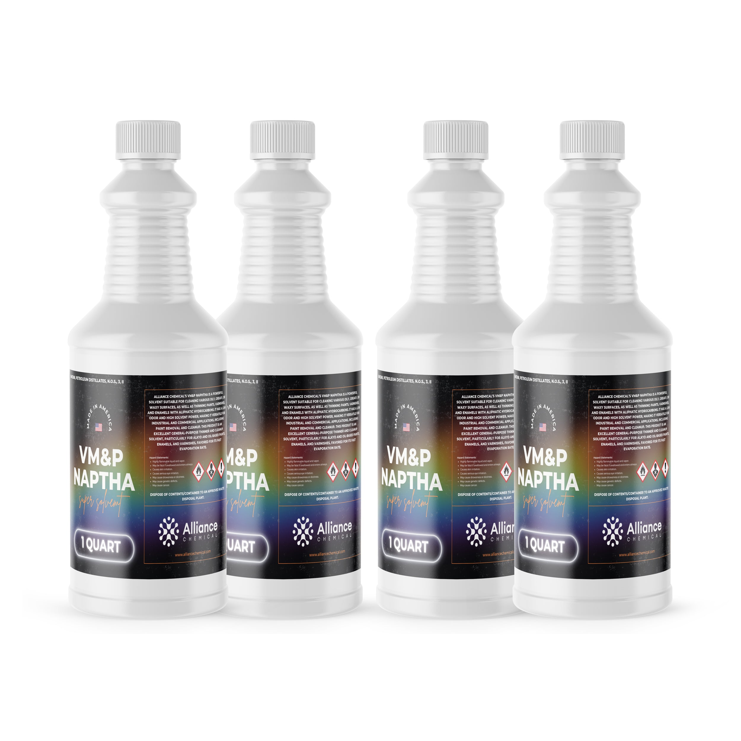 1-quart VM&P Naptha solvent bottles by Alliance Chemical, white HDPE containers with safety-sealed caps, GHS warning symbols, industrial-grade cleaning solution.